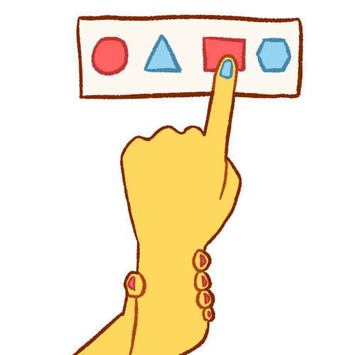a hand pointing at a square on a set of symbols. there is another hand holding on to the first hand.